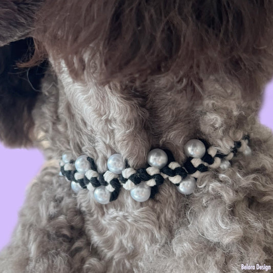 Handcrafted Pearl Pet Necklace: Black & White Knotted Cord-Midnight
