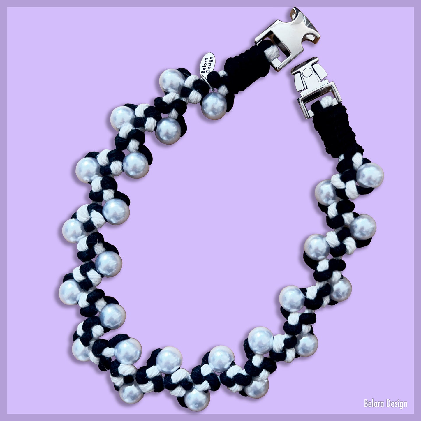 Handcrafted Pearl Pet Necklace: Black & White Knotted Cord-Midnight